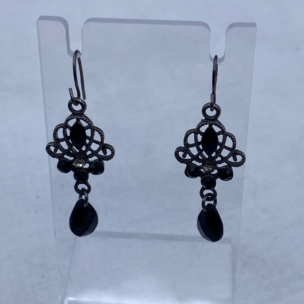 Black Gunmetal Filigree Teardrop Dangle Earrings Goth Victorian Romantic Witchy